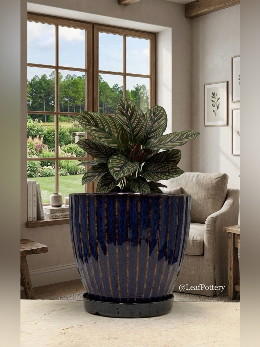 Blue Ceramic Planter with Saucer – 7” Pottery Pot with Drainage Hole